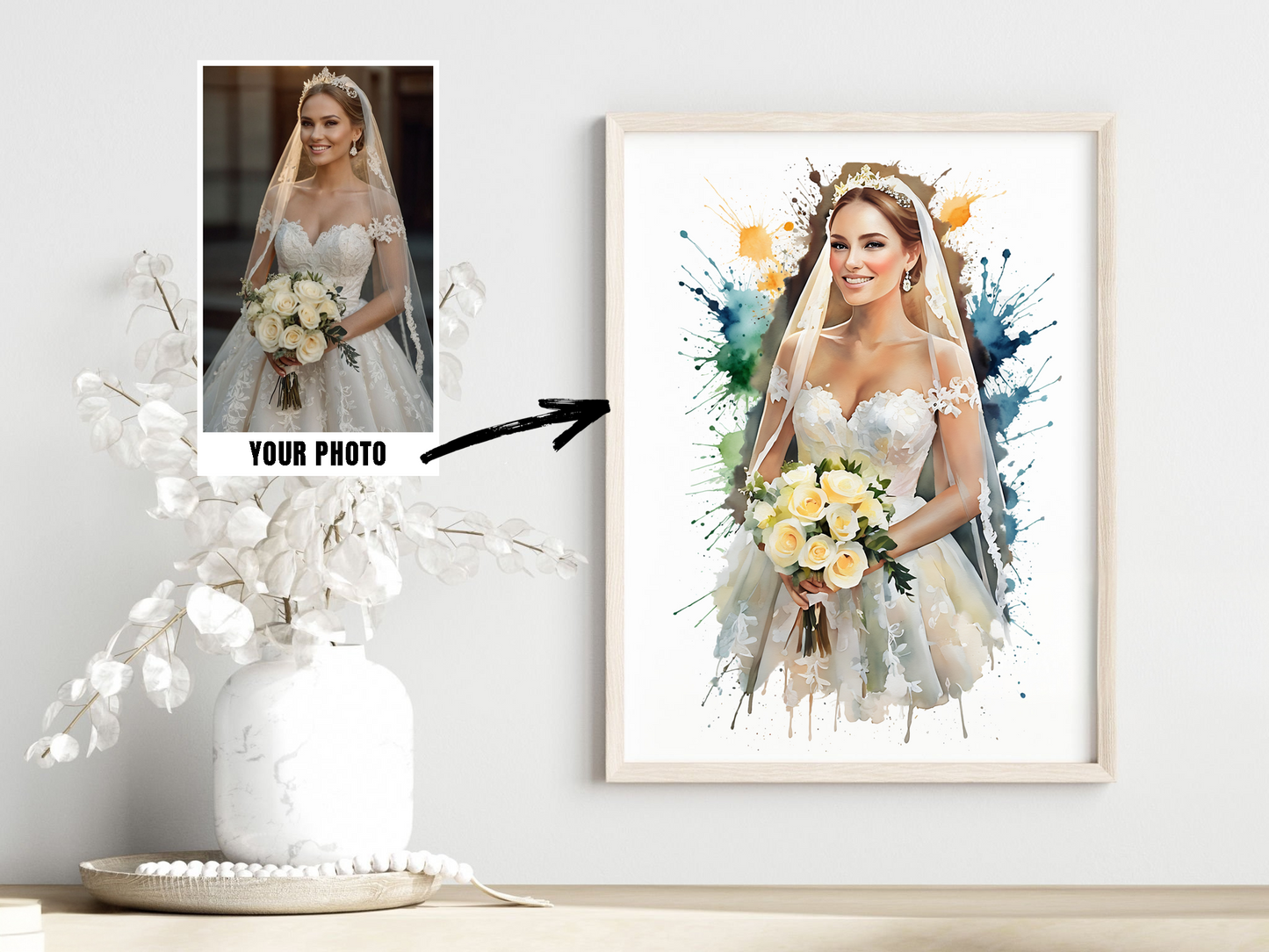 Custom Watercolor Wedding Portrait, Painting from Photo.